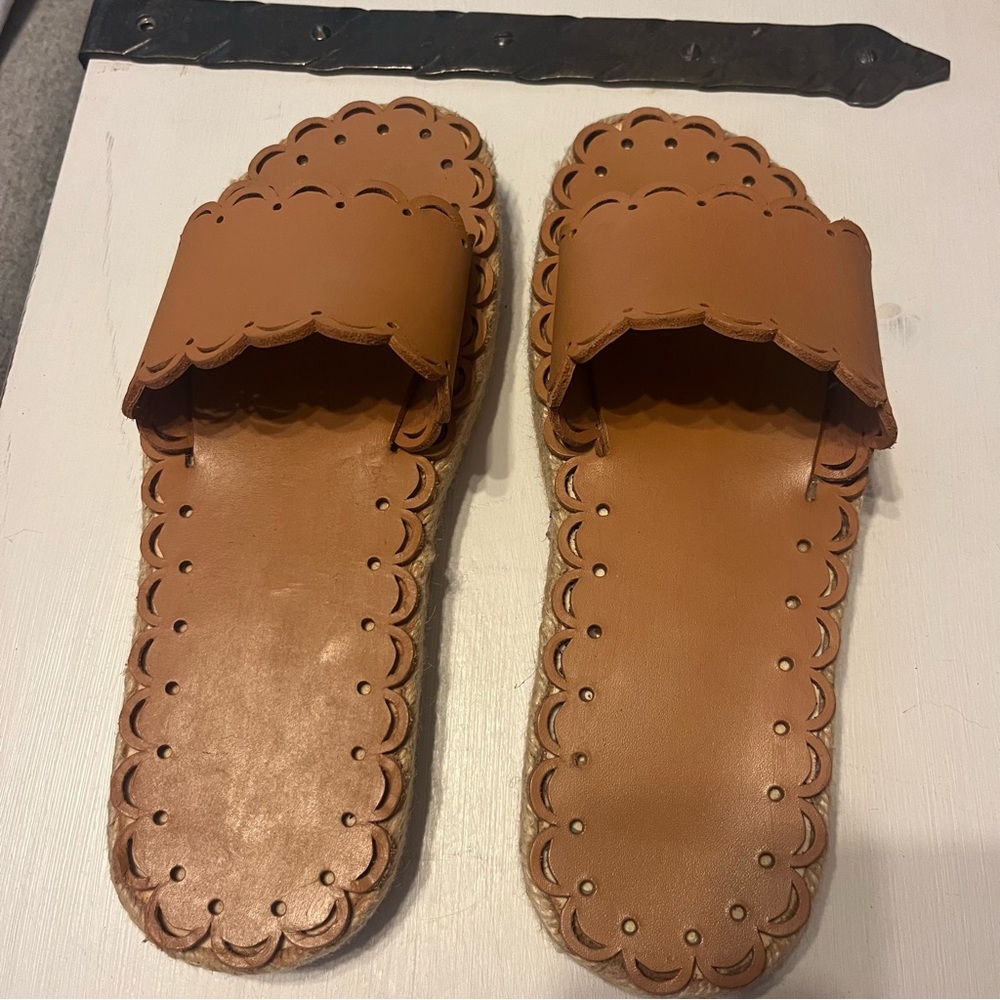 Brown Scalloped Slide Sandals